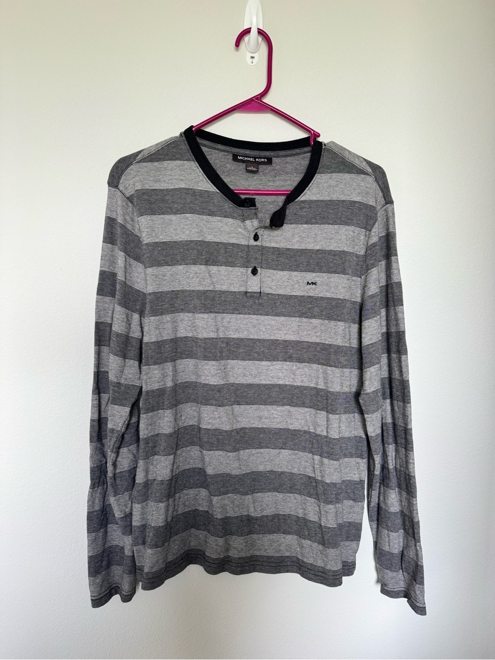 Michael Kors Men's Gray Striped Long-Sleeve Henley with Black Trim